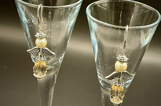 Crystal & Pearl Teardrop Angel Earrings - Sterling Silver Hooks